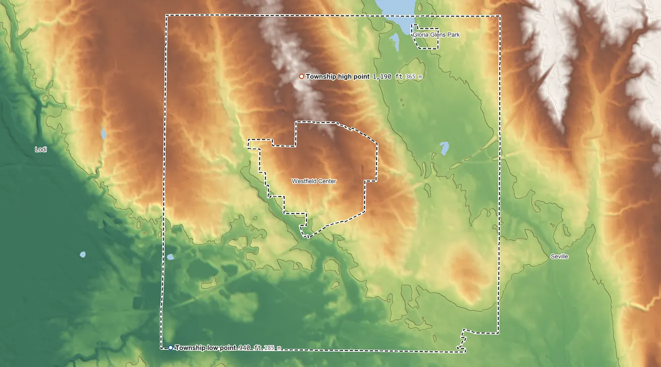 Topographic elevation map of Westfield Township, Ohio, shaded from 940 ft on the southwest side to 1,190 ft on the northwest side