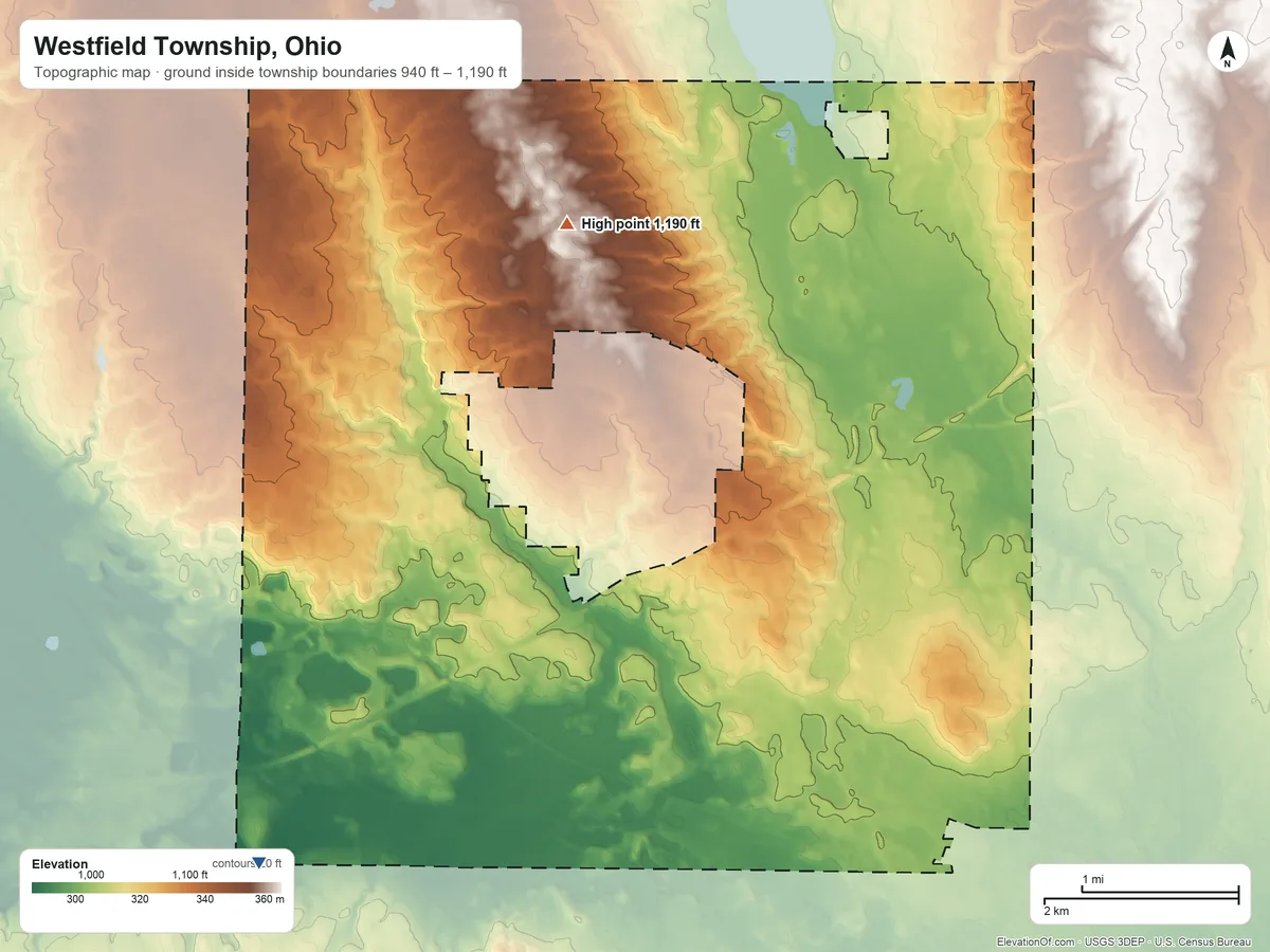 Topographic elevation map of Westfield Township, Ohio, shaded from 940 ft on the southwest side to 1,190 ft on the northwest side