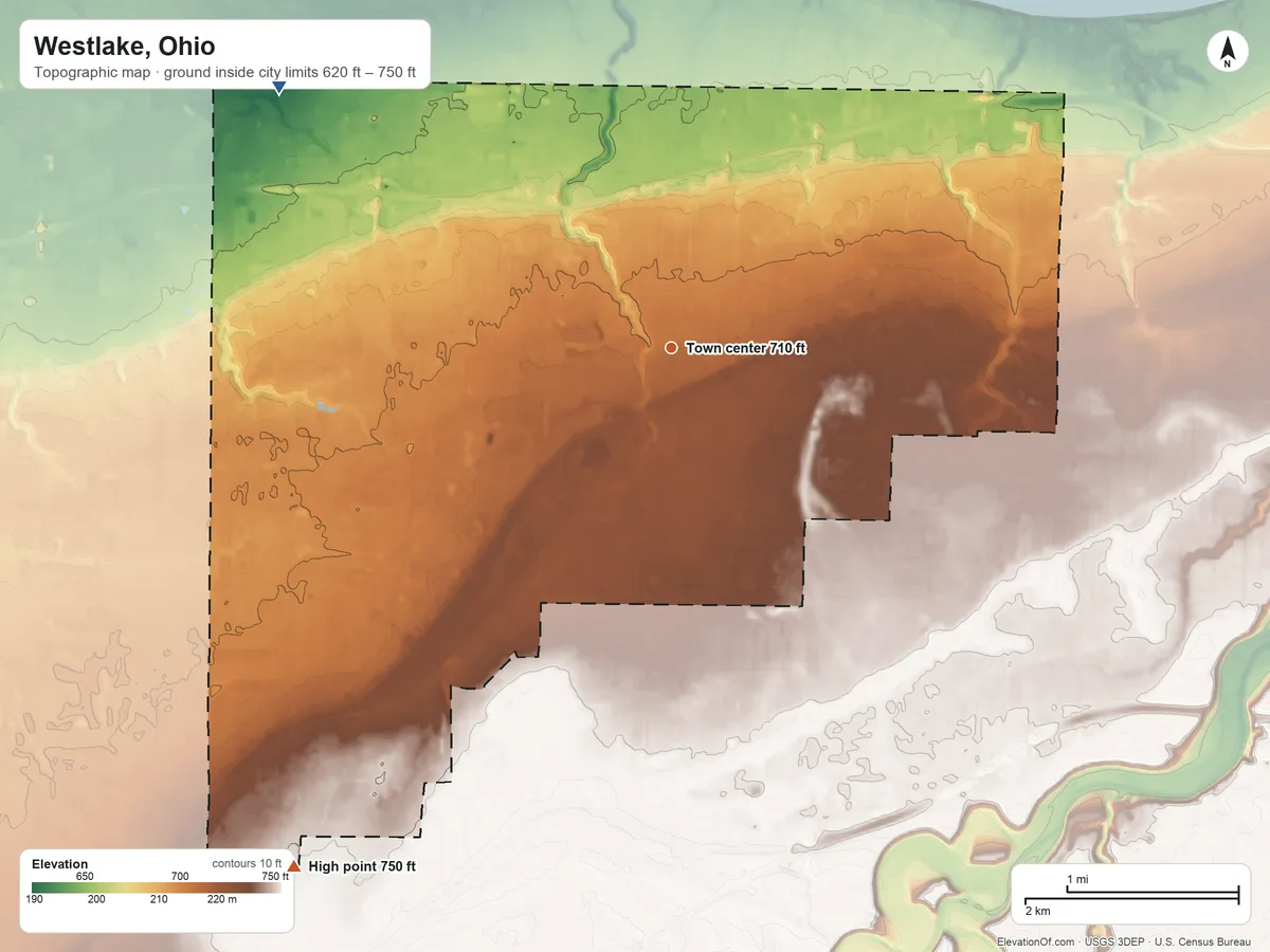 Topographic elevation map of Westlake, Ohio, shaded from 620 ft on the northwest side to 750 ft on the southwest side