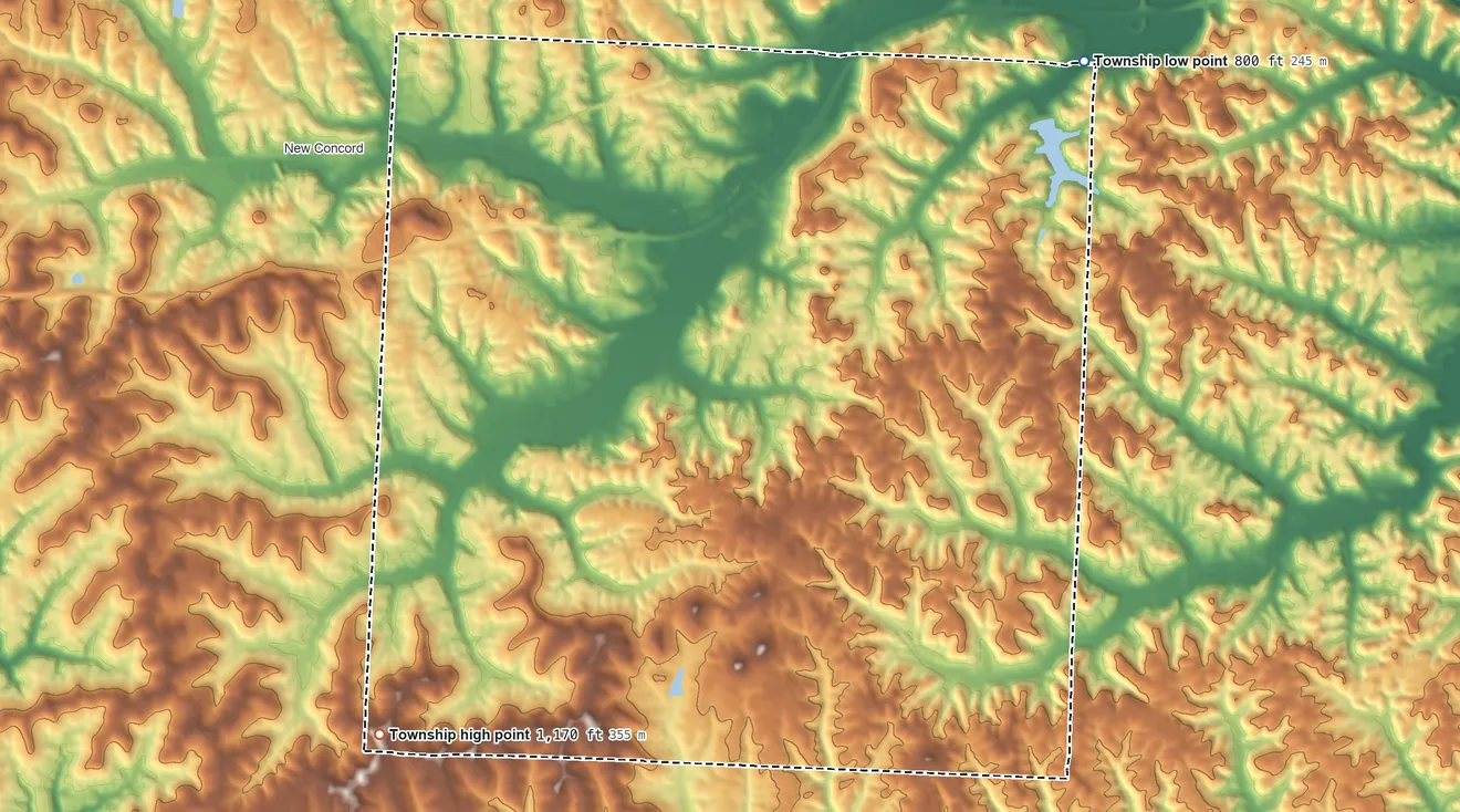 Topographic elevation map of Westland Township, Ohio, shaded from 800 ft on the northeast side to 1,170 ft on the southwest side
