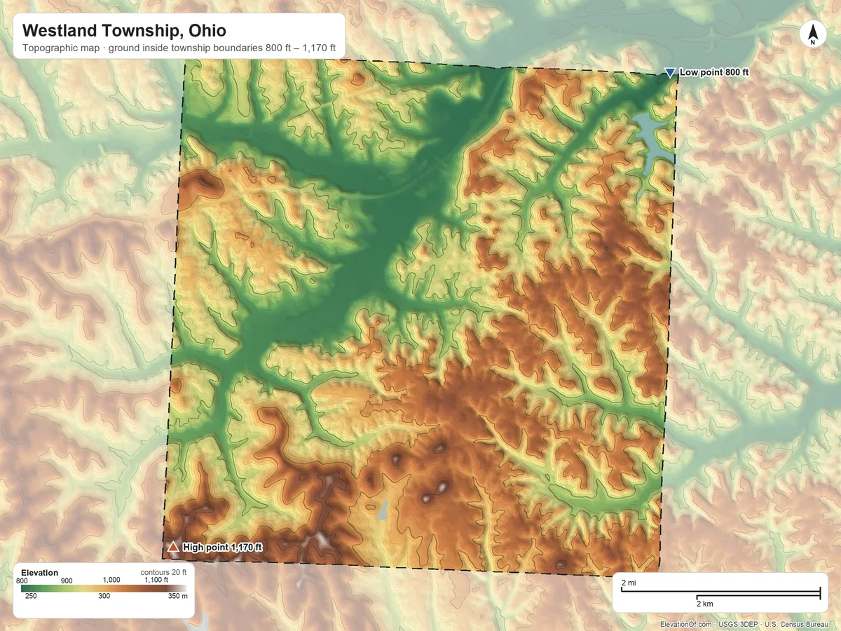 Topographic elevation map of Westland Township, Ohio, shaded from 800 ft on the northeast side to 1,170 ft on the southwest side