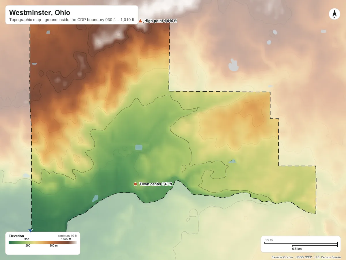 Topographic elevation map of Westminster, Ohio, shaded from 930 ft on the southwest side to 1,010 ft on the north side