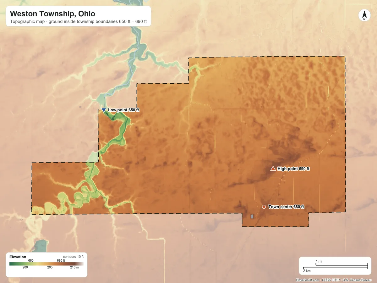 Topographic elevation map of Weston Township, Ohio, shaded from 650 ft on the northwest side to 690 ft on the north side