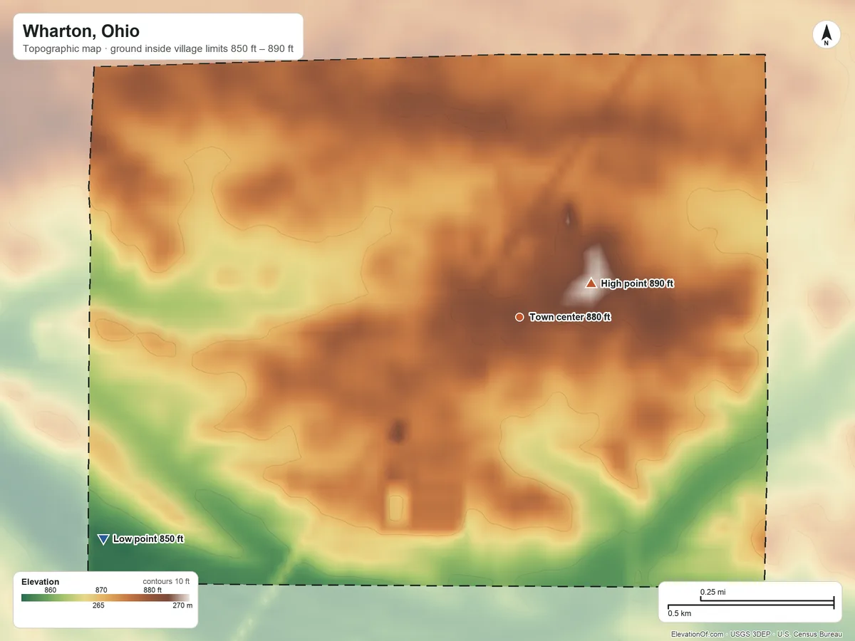 Topographic elevation map of Wharton, Ohio, shaded from 850 ft on the southwest side to 890 ft near the middle