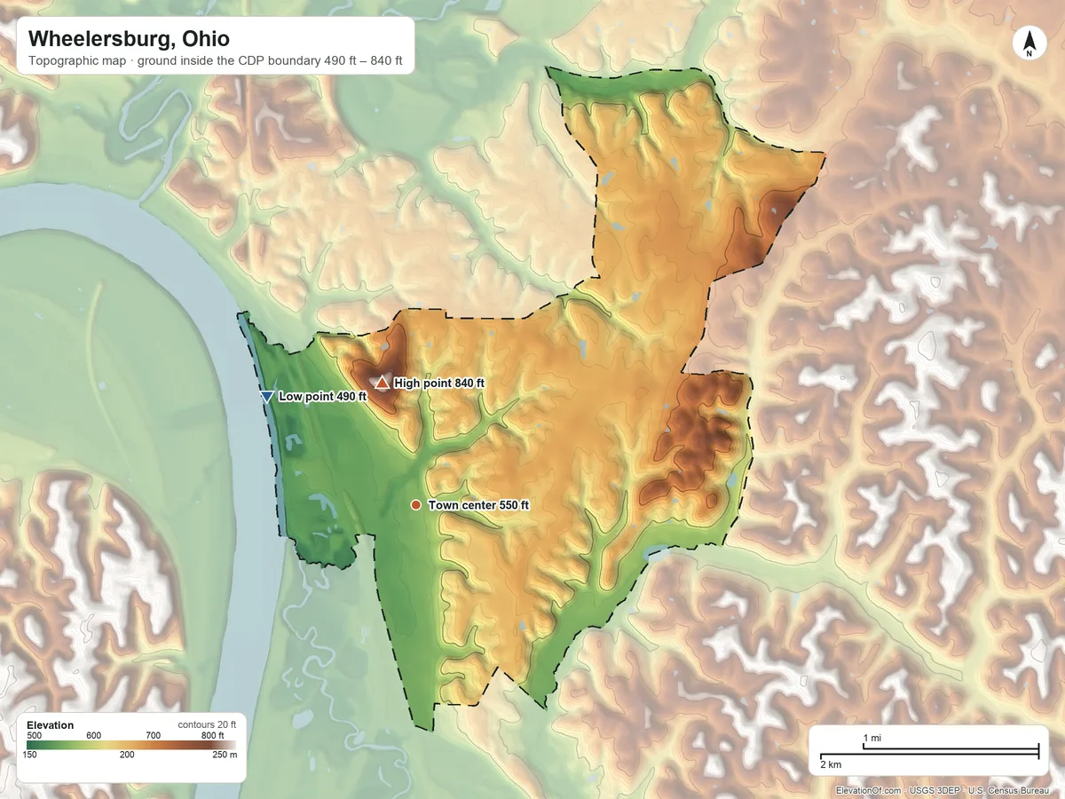 Topographic elevation map of Wheelersburg, Ohio, shaded from 490 ft on the northwest side to 840 ft on Sun Hill