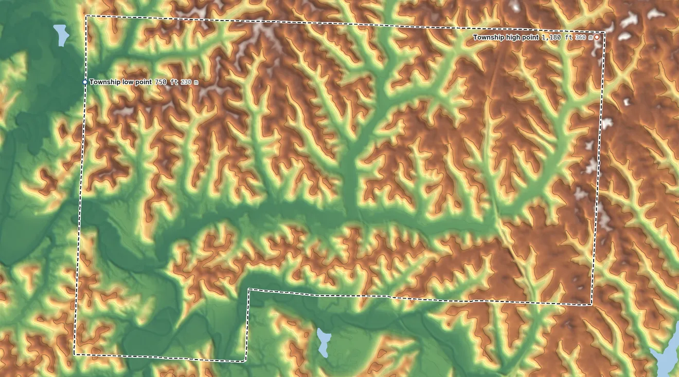 Topographic elevation map of Wheeling Township, Guernsey County, Ohio, shaded from 750 ft on the west side to 1,180 ft on the northeast side