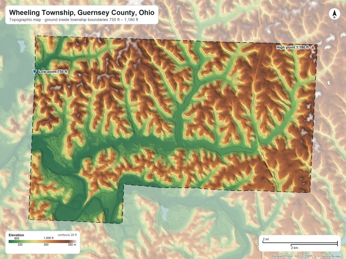 Topographic elevation map of Wheeling Township, Guernsey County, Ohio, shaded from 750 ft on the west side to 1,180 ft on the northeast side