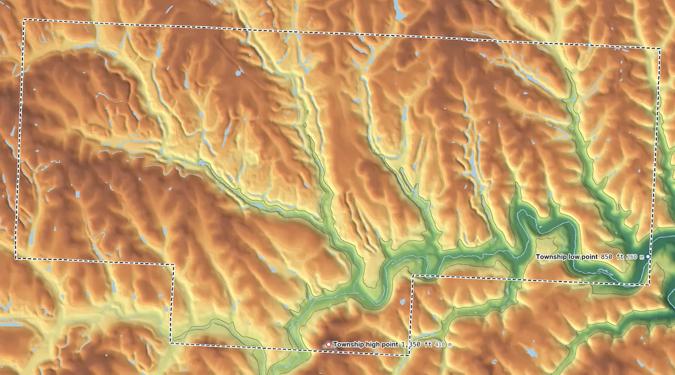 Topographic elevation map of Wheeling Township, Ohio, shaded from 850 ft on the east side to 1,350 ft on Clark Hill