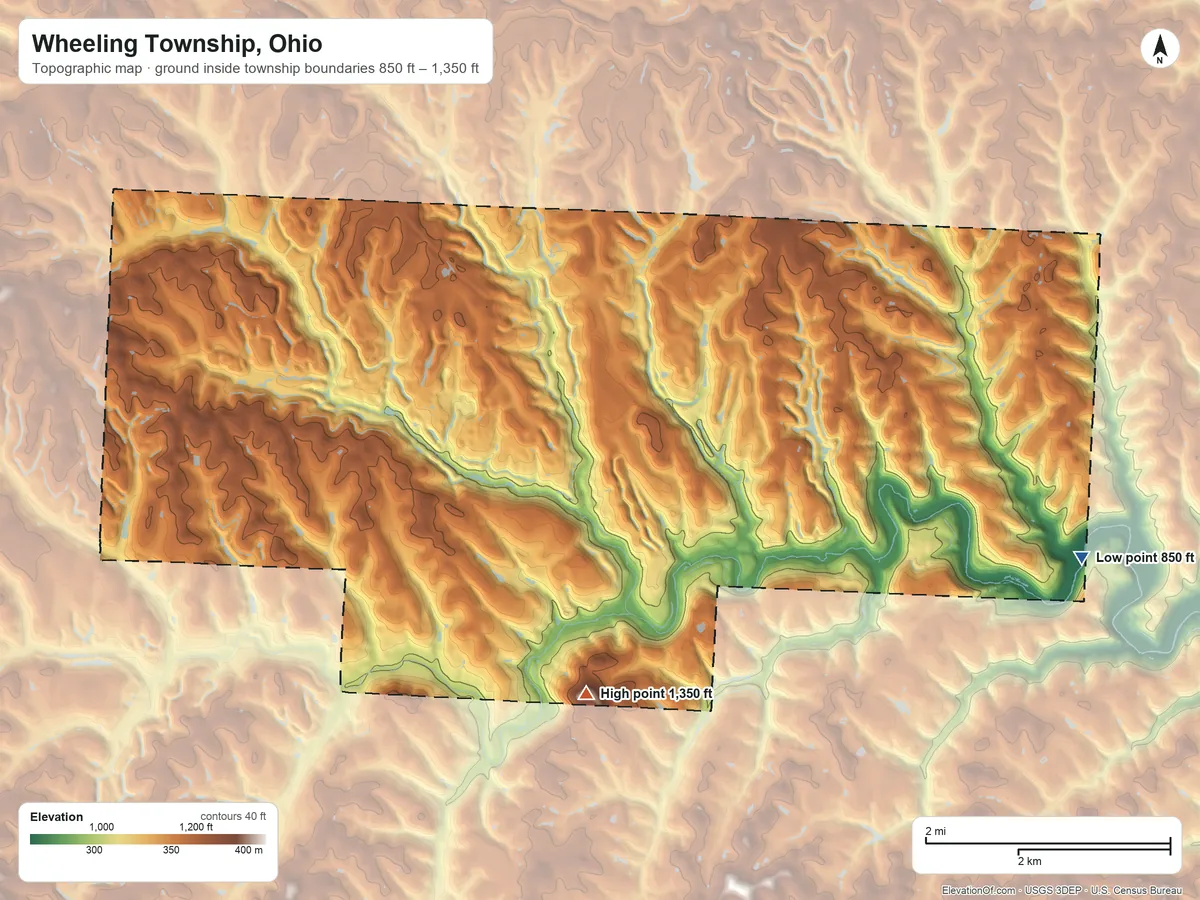 Topographic elevation map of Wheeling Township, Ohio, shaded from 850 ft on the east side to 1,350 ft on Clark Hill