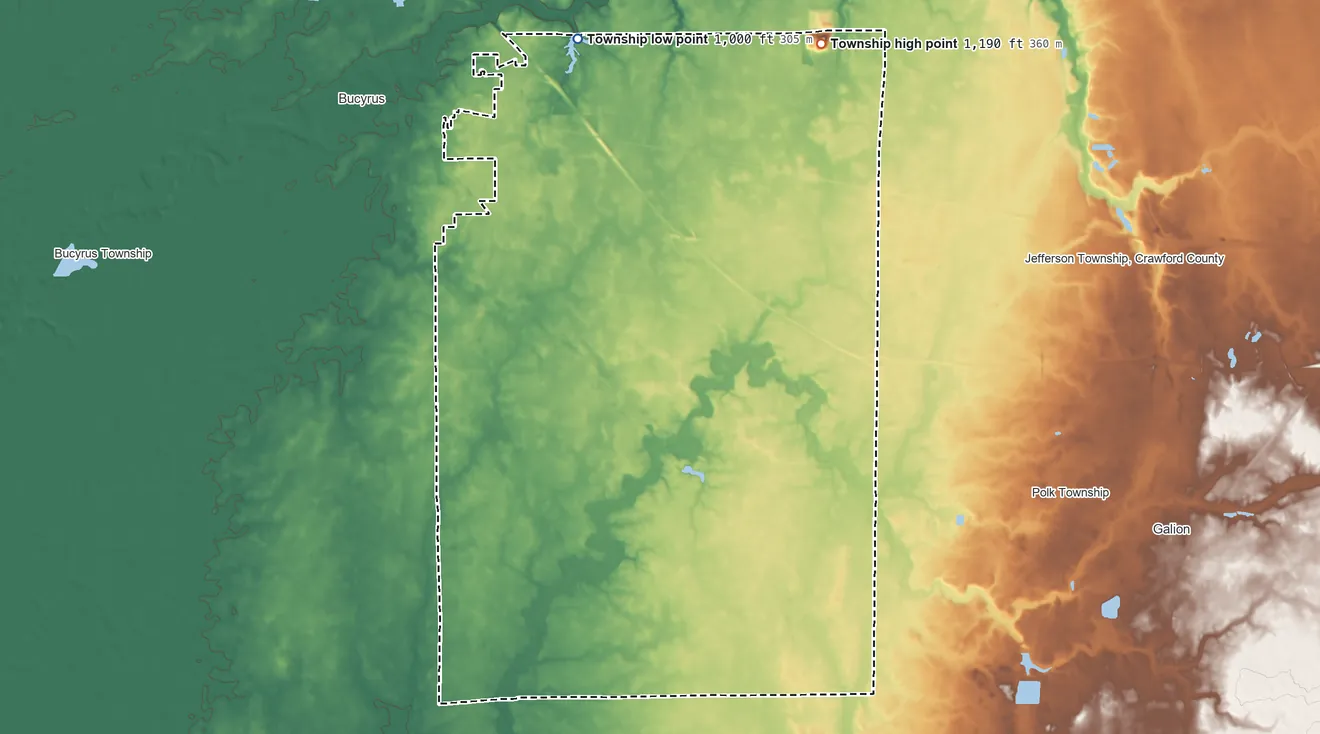Topographic elevation map of Whetstone Township, Ohio, shaded from 1,000 ft on the northwest side to 1,190 ft on the northeast side