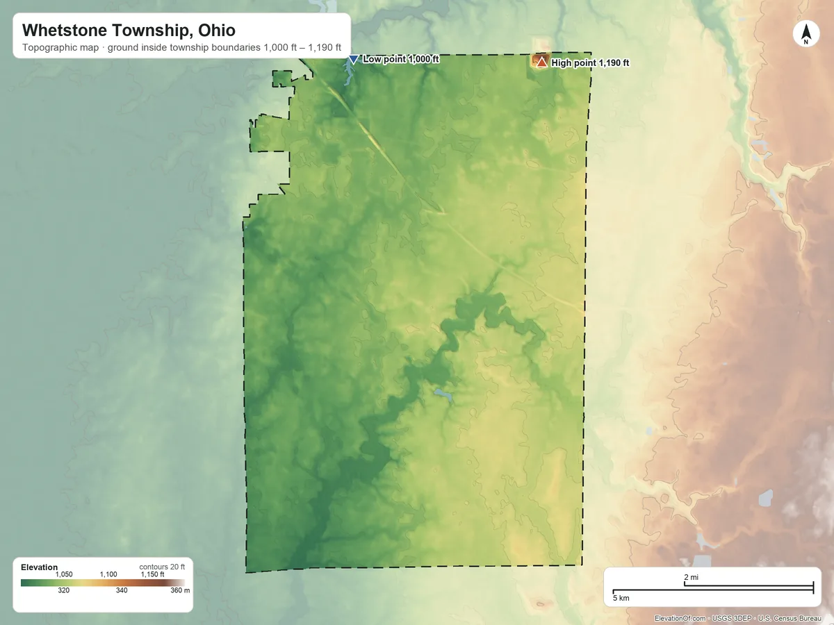 Topographic elevation map of Whetstone Township, Ohio, shaded from 1,000 ft on the northwest side to 1,190 ft on the northeast side