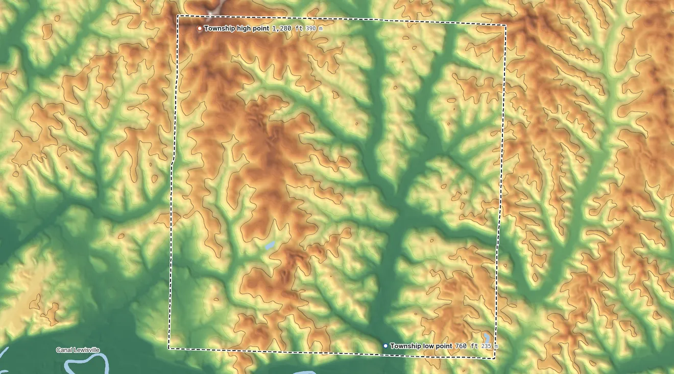 Topographic elevation map of White Eyes Township, Ohio, shaded from 760 ft on the southeast side to 1,280 ft on the northwest side