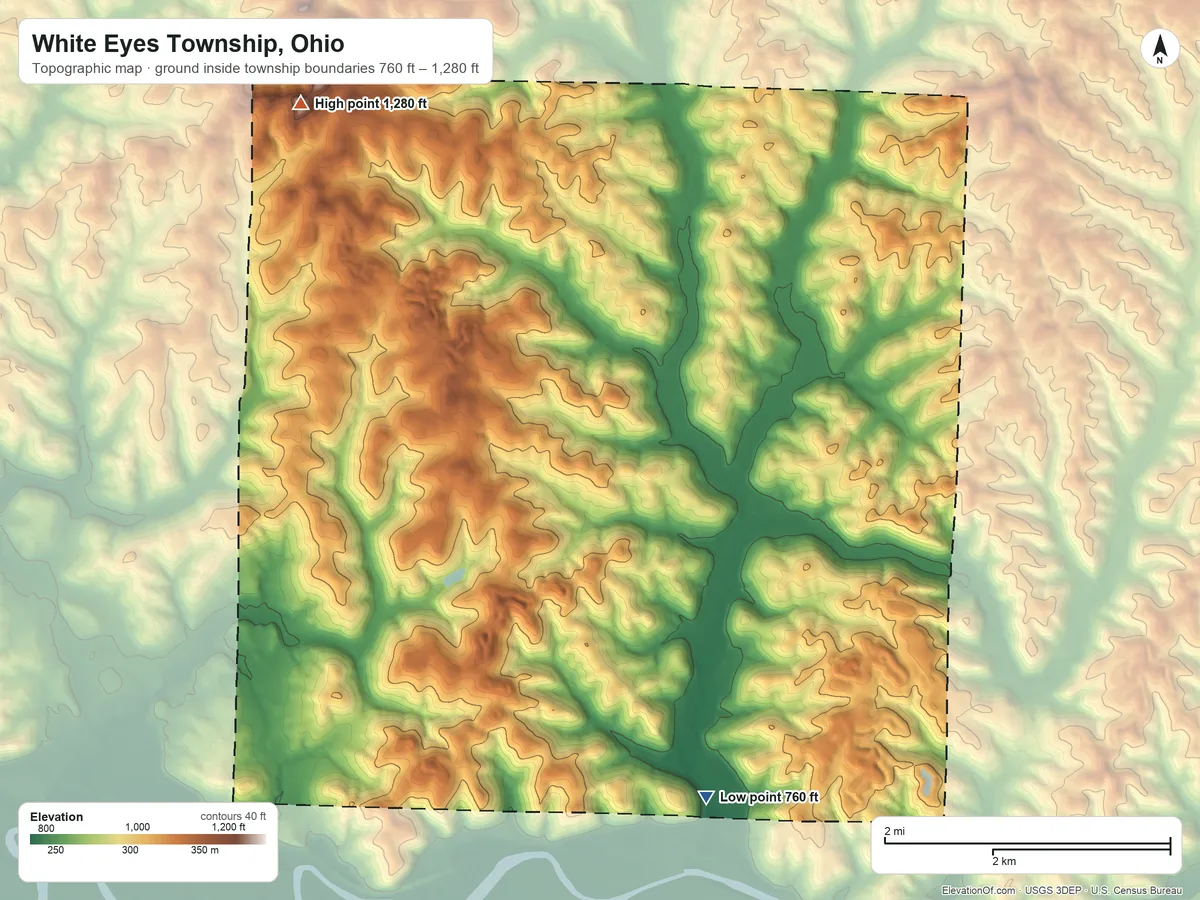 Topographic elevation map of White Eyes Township, Ohio, shaded from 760 ft on the southeast side to 1,280 ft on the northwest side