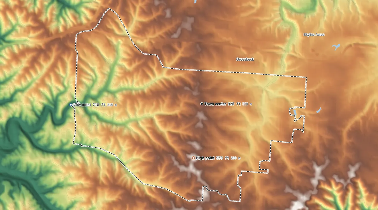 Topographic elevation map of White Oak, Ohio, shaded from 710 ft on the west side to 950 ft on the south side