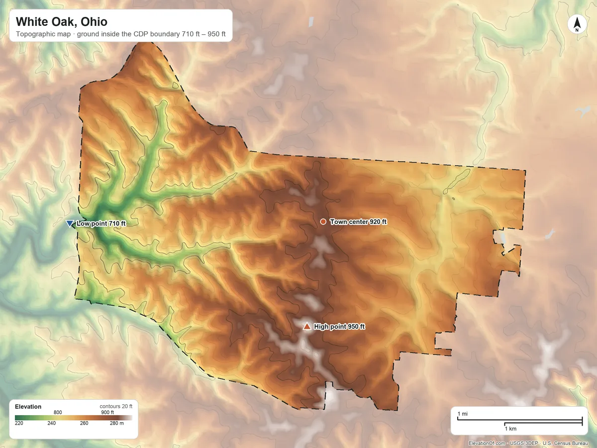 Topographic elevation map of White Oak, Ohio, shaded from 710 ft on the west side to 950 ft on the south side