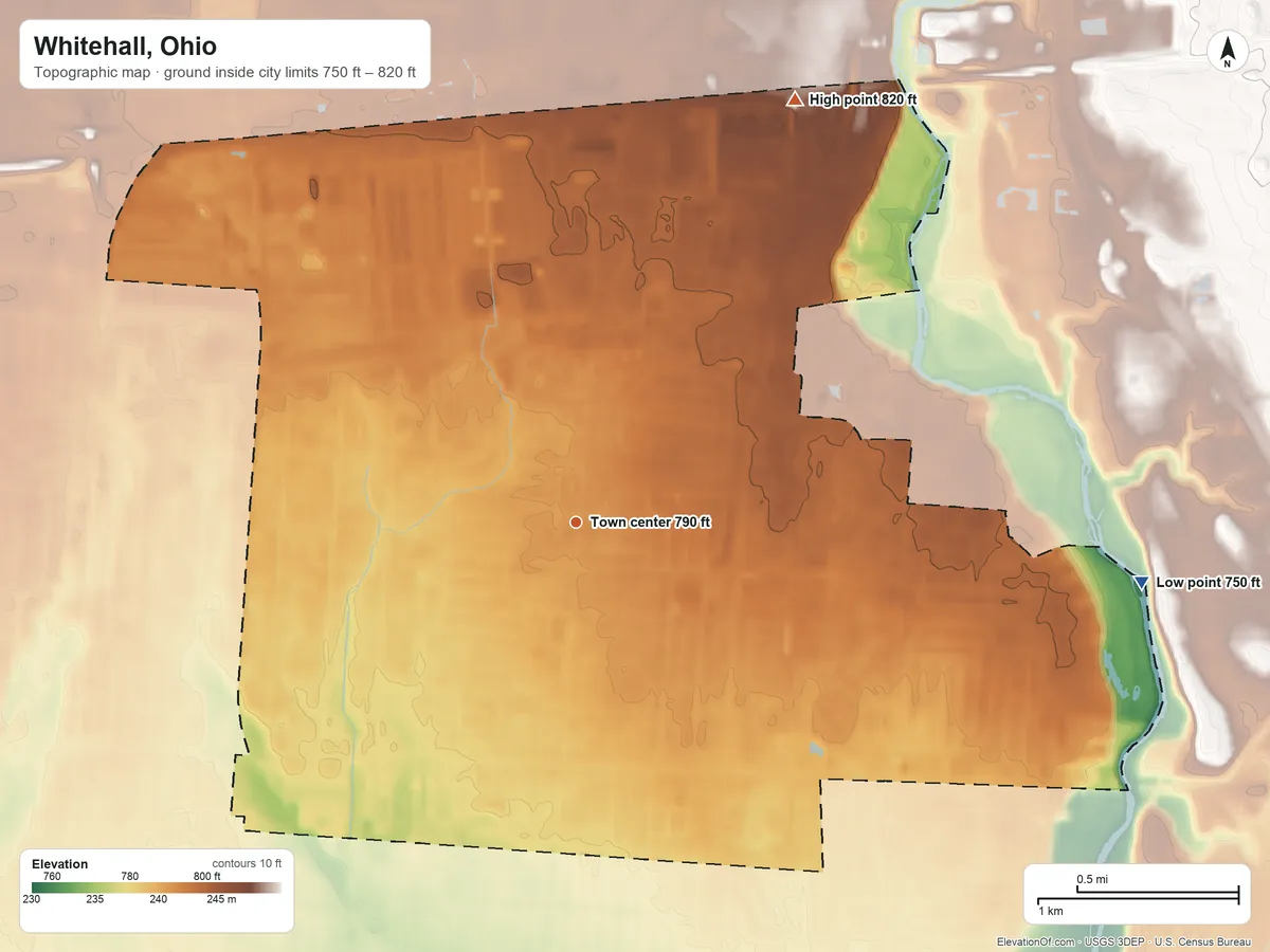 Topographic elevation map of Whitehall, Ohio, shaded from 750 ft on the east side to 820 ft on the northeast side