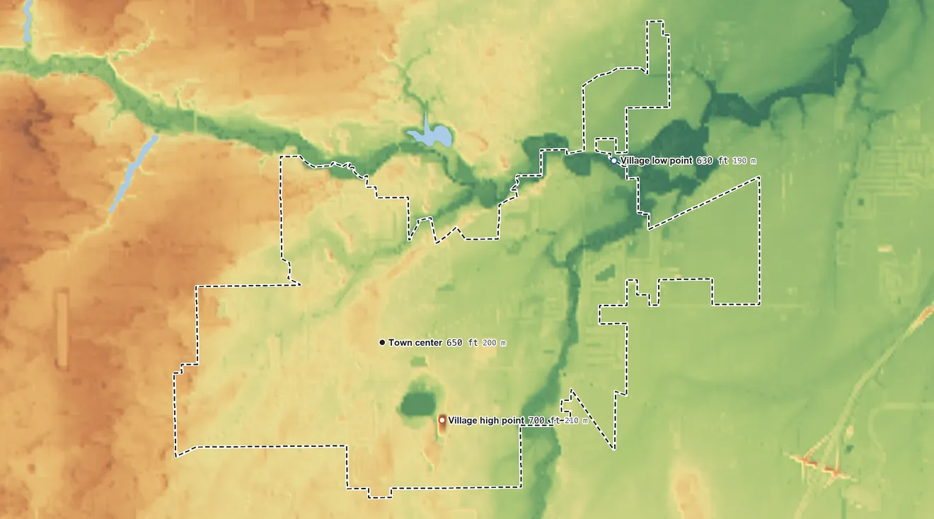 Topographic elevation map of Whitehouse, Ohio, shaded from 630 ft on the northeast side to 700 ft on the southeast side