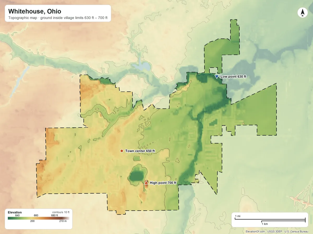 Topographic elevation map of Whitehouse, Ohio, shaded from 630 ft on the northeast side to 700 ft on the southeast side