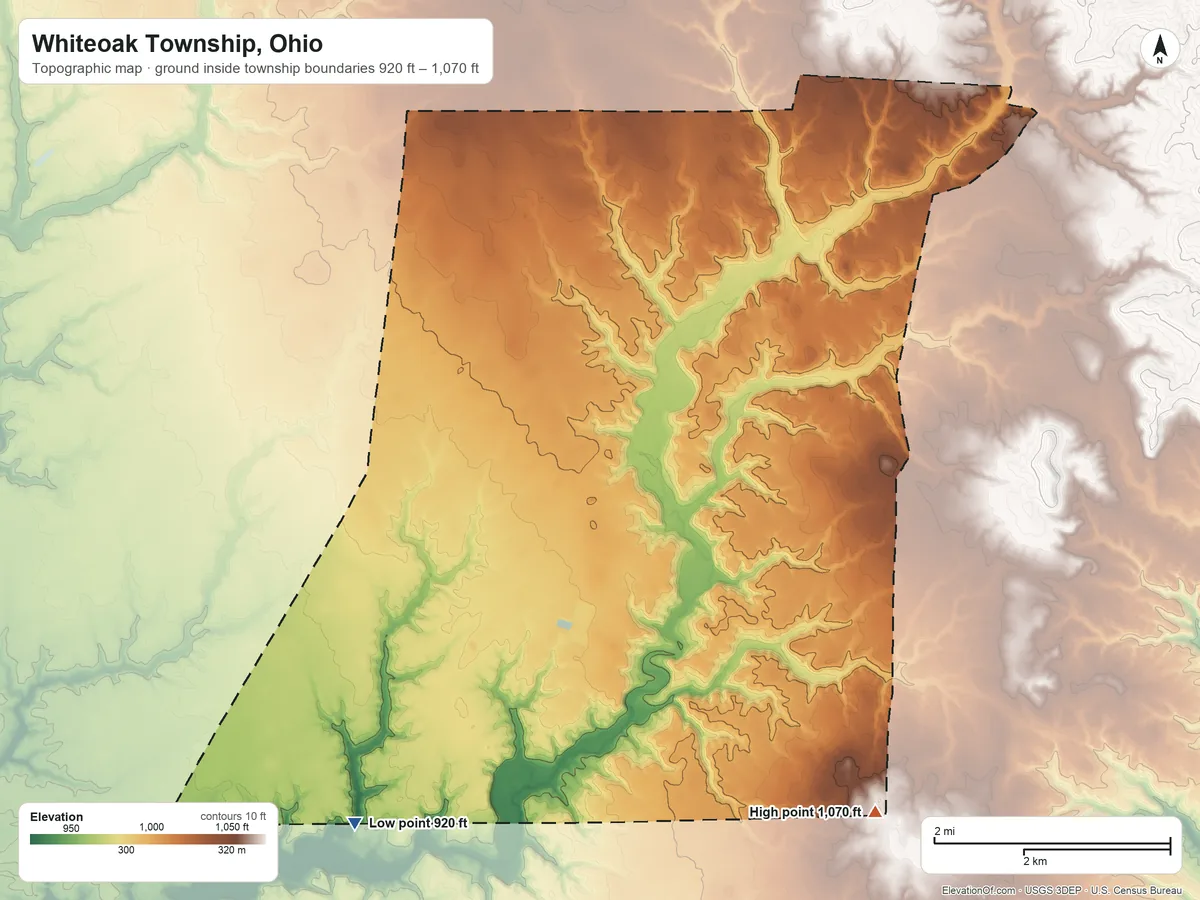 Topographic elevation map of Whiteoak Township, Ohio, shaded from 920 ft on the southwest side to 1,070 ft on the southeast side
