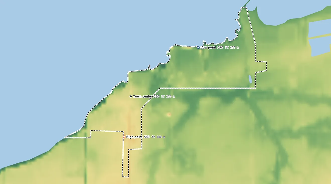 Topographic elevation map of Whites Landing, Ohio, shaded from 570 ft on the northeast side to 580 ft on the south side