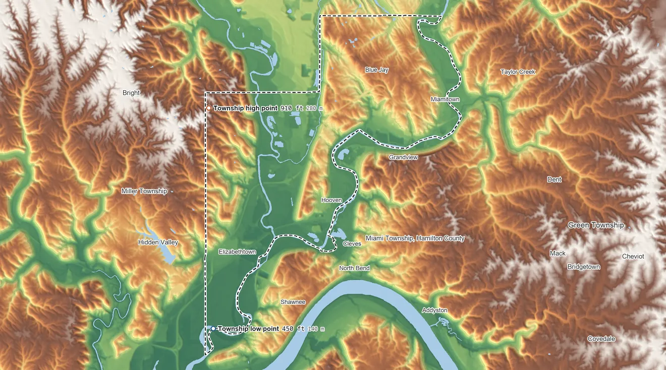 Topographic elevation map of Whitewater Township, Ohio, shaded from 450 ft on the southwest side to 910 ft on the west side