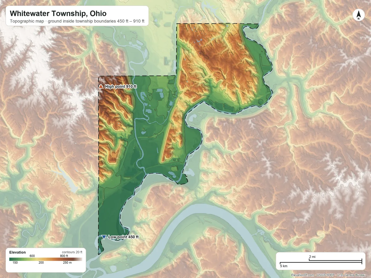 Topographic elevation map of Whitewater Township, Ohio, shaded from 450 ft on the southwest side to 910 ft on the west side