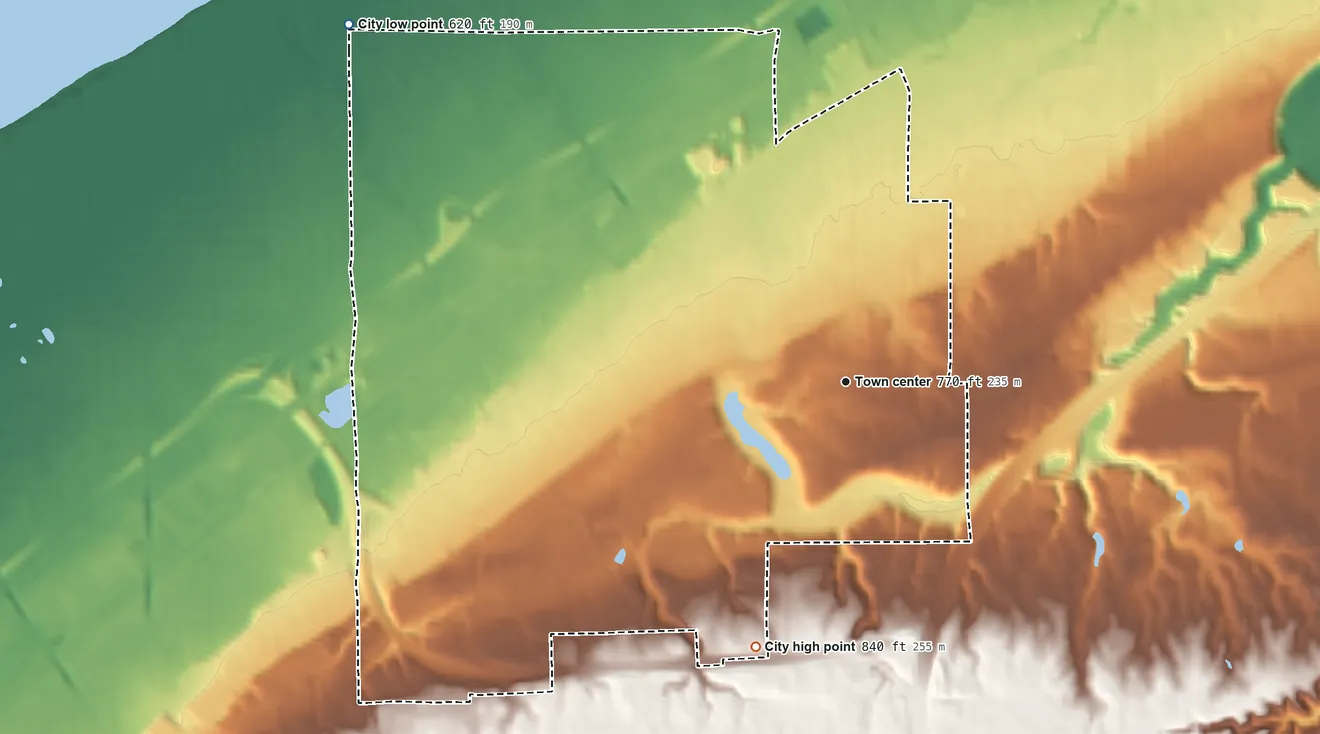 Topographic elevation map of Wickliffe, Ohio, shaded from 620 ft on the northwest side to 840 ft on the south side