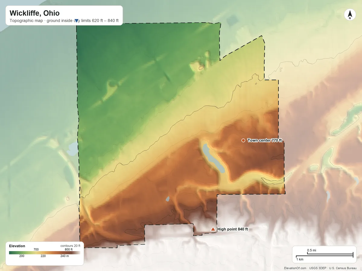 Topographic elevation map of Wickliffe, Ohio, shaded from 620 ft on the northwest side to 840 ft on the south side
