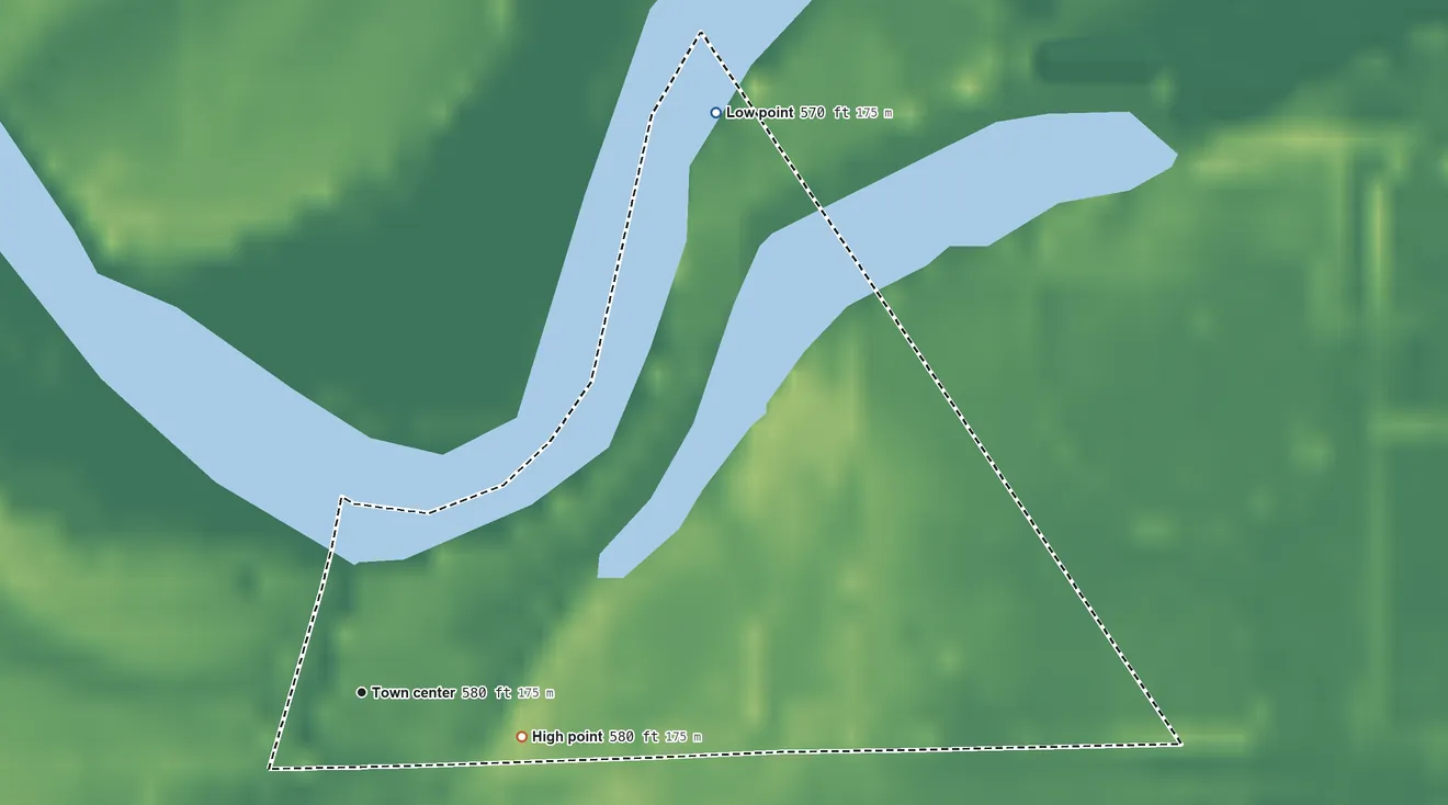 Topographic elevation map of Wightmans Grove, Ohio, shaded from 570 ft on the northeast side to 580 ft on the east side