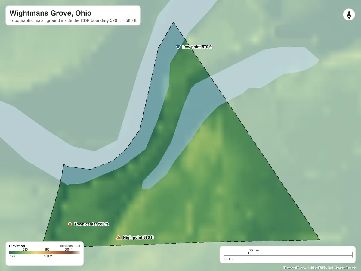 Topographic elevation map of Wightmans Grove, Ohio, shaded from 570 ft on the northeast side to 580 ft on the east side