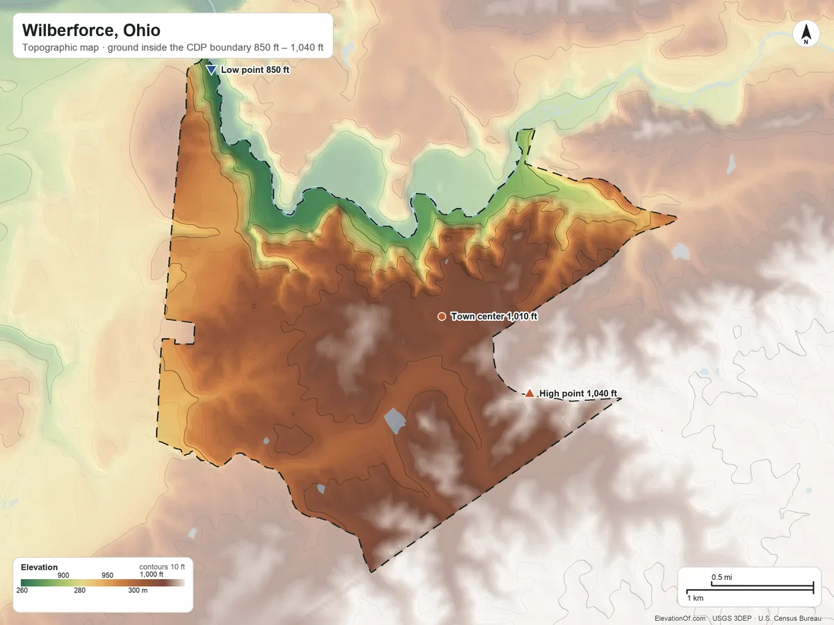 Topographic elevation map of Wilberforce, Ohio, shaded from 850 ft on the northwest side to 1,040 ft on the southeast side