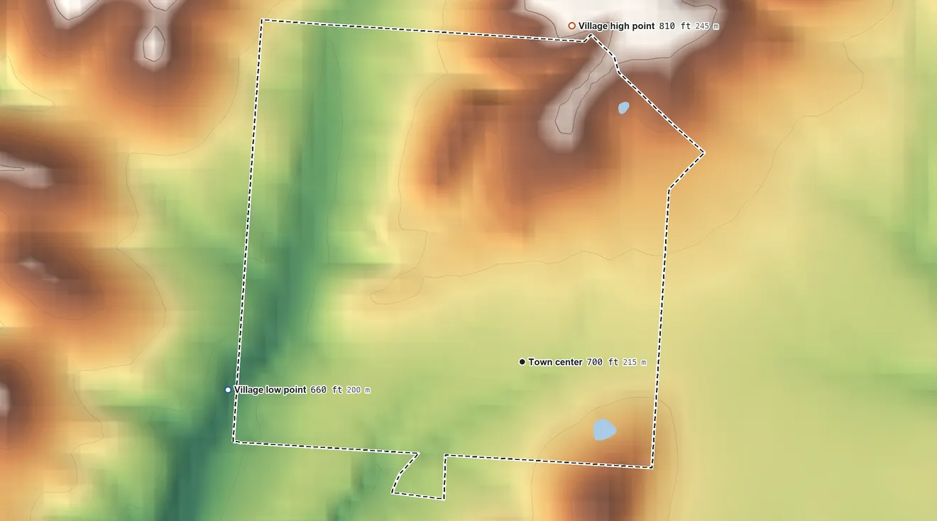 Topographic elevation map of Wilkesville, Ohio, shaded from 660 ft on the west side to 810 ft on the north side