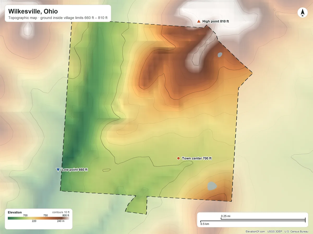 Topographic elevation map of Wilkesville, Ohio, shaded from 660 ft on the west side to 810 ft on the north side