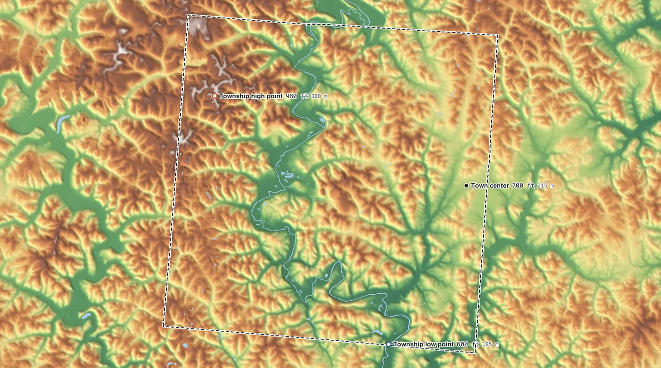 Topographic elevation map of Wilkesville Township, Ohio, shaded from 600 ft on the southwest side to 980 ft on the west side