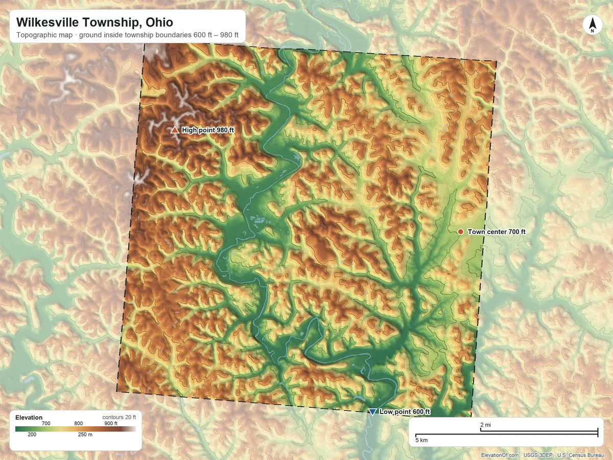Topographic elevation map of Wilkesville Township, Ohio, shaded from 600 ft on the southwest side to 980 ft on the west side
