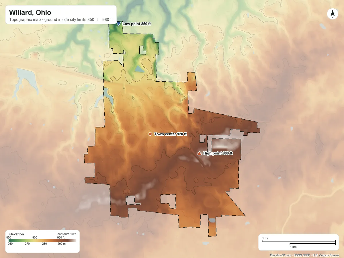 Topographic elevation map of Willard, Ohio, shaded from 850 ft on the north side to 980 ft on the east side