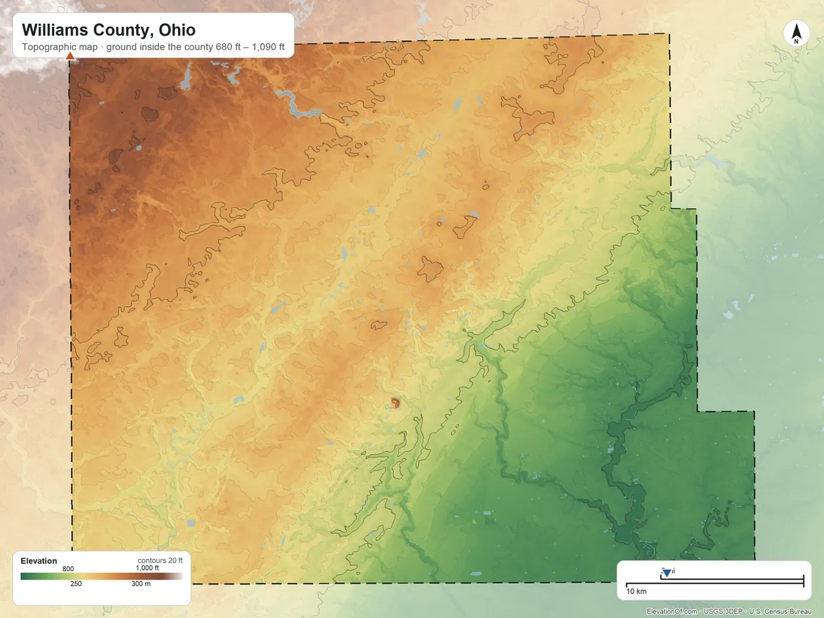 Topographic elevation map of Williams County, Ohio, shaded from 680 ft on the southeast side to 1,090 ft on the northwest side