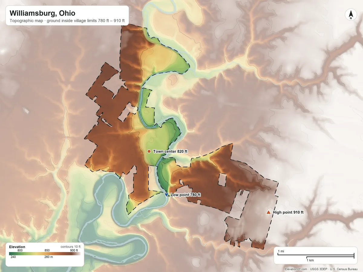 Topographic elevation map of Williamsburg, Ohio, shaded from 780 ft on the south side to 910 ft on the southeast side