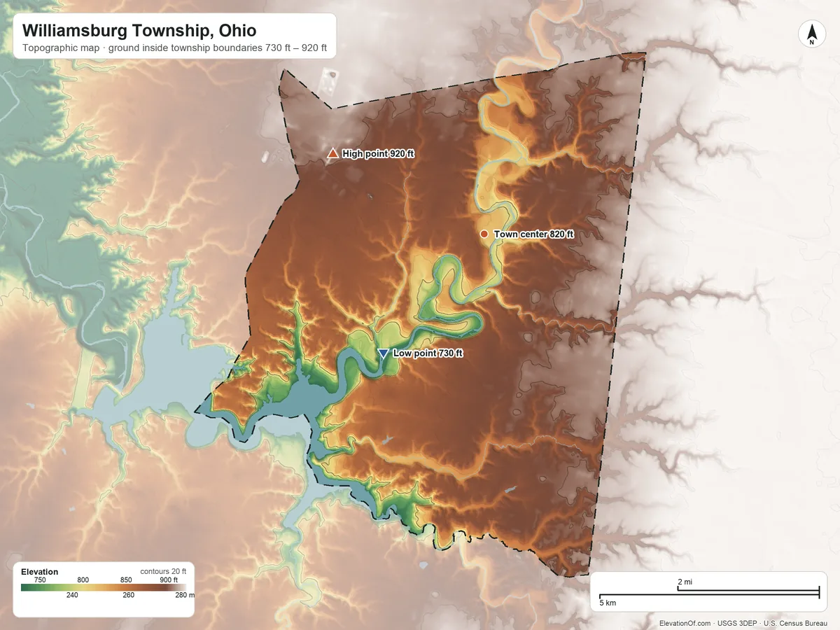 Topographic elevation map of Williamsburg Township, Ohio, shaded from 730 ft on the southwest side to 920 ft on the northwest side