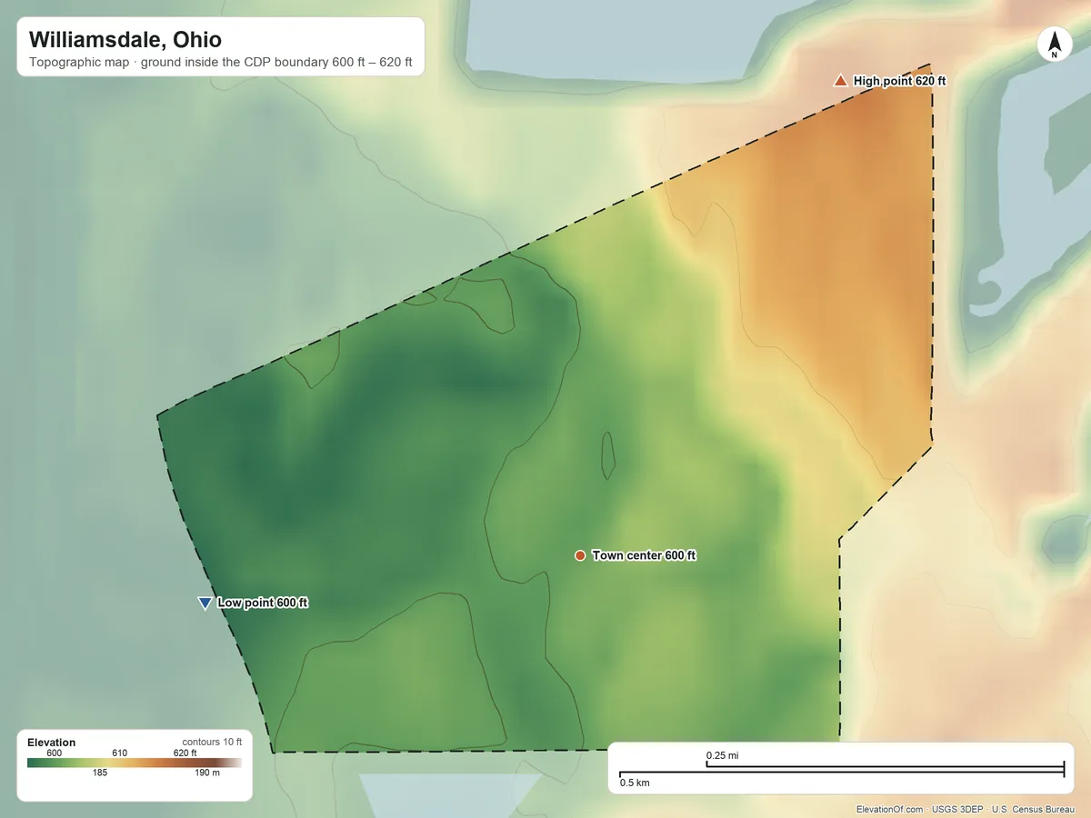 Topographic elevation map of Williamsdale, Ohio, shaded from 600 ft on the west side to 620 ft on the northeast side
