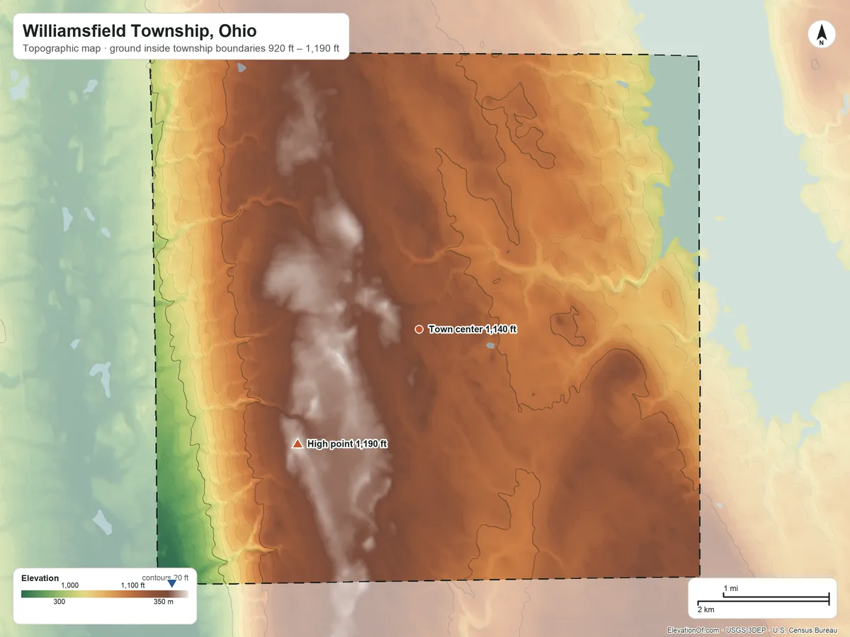 Topographic elevation map of Williamsfield Township, Ohio, shaded from 920 ft on the southwest side to 1,190 ft on the southwest side
