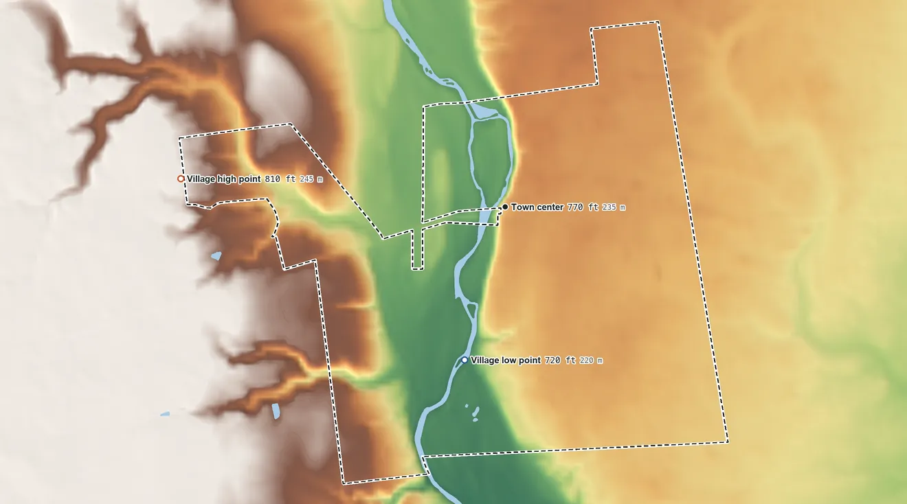 Topographic elevation map of Williamsport, Ohio, shaded from 720 ft on the south side to 810 ft on the west side