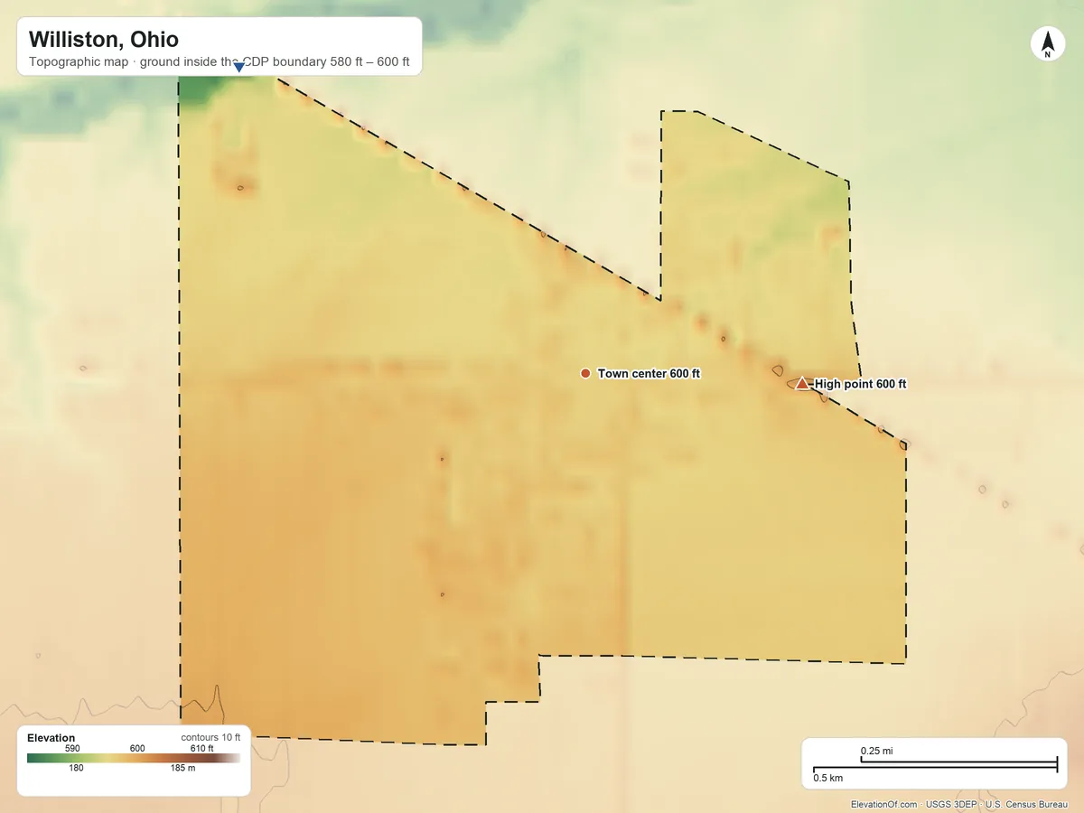 Topographic elevation map of Williston, Ohio, shaded from 580 ft on the northwest side to 600 ft on the east side