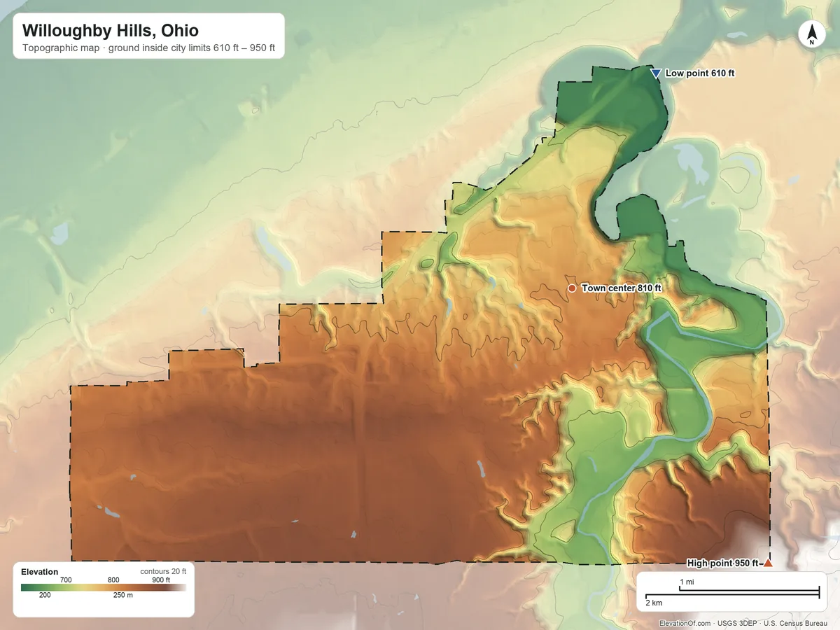 Topographic elevation map of Willoughby Hills, Ohio, shaded from 610 ft on the north side to 950 ft on the southeast side