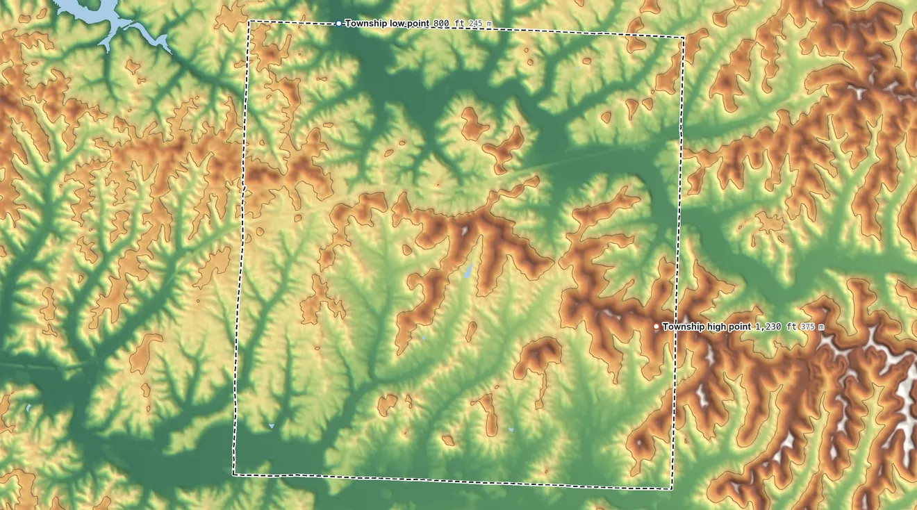 Topographic elevation map of Wills Township, Ohio, shaded from 800 ft on the north side to 1,230 ft on the east side