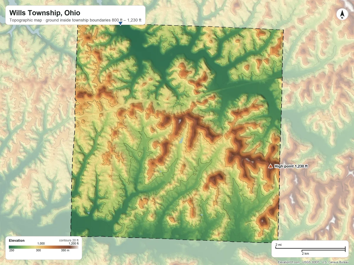 Topographic elevation map of Wills Township, Ohio, shaded from 800 ft on the north side to 1,230 ft on the east side