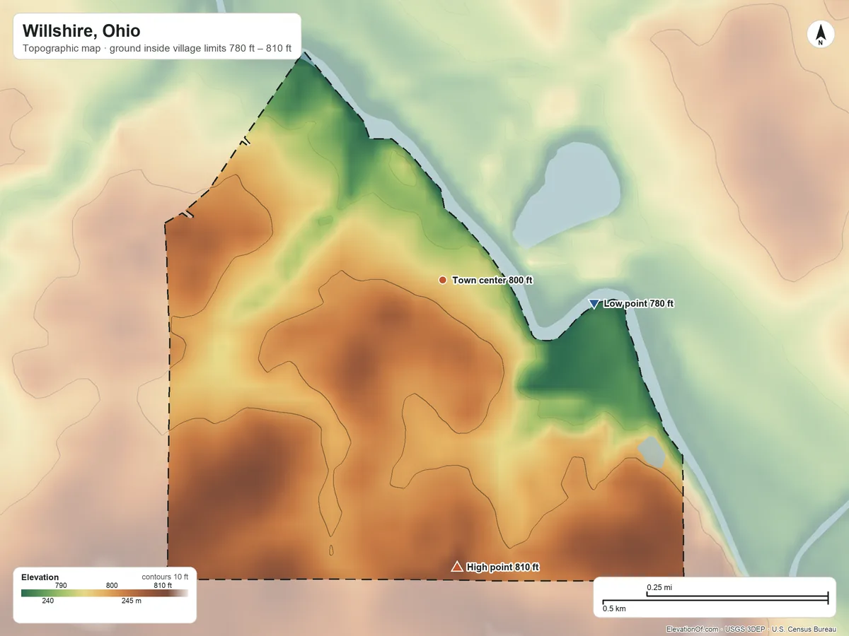 Topographic elevation map of Willshire, Ohio, shaded from 780 ft on the east side to 810 ft on the south side