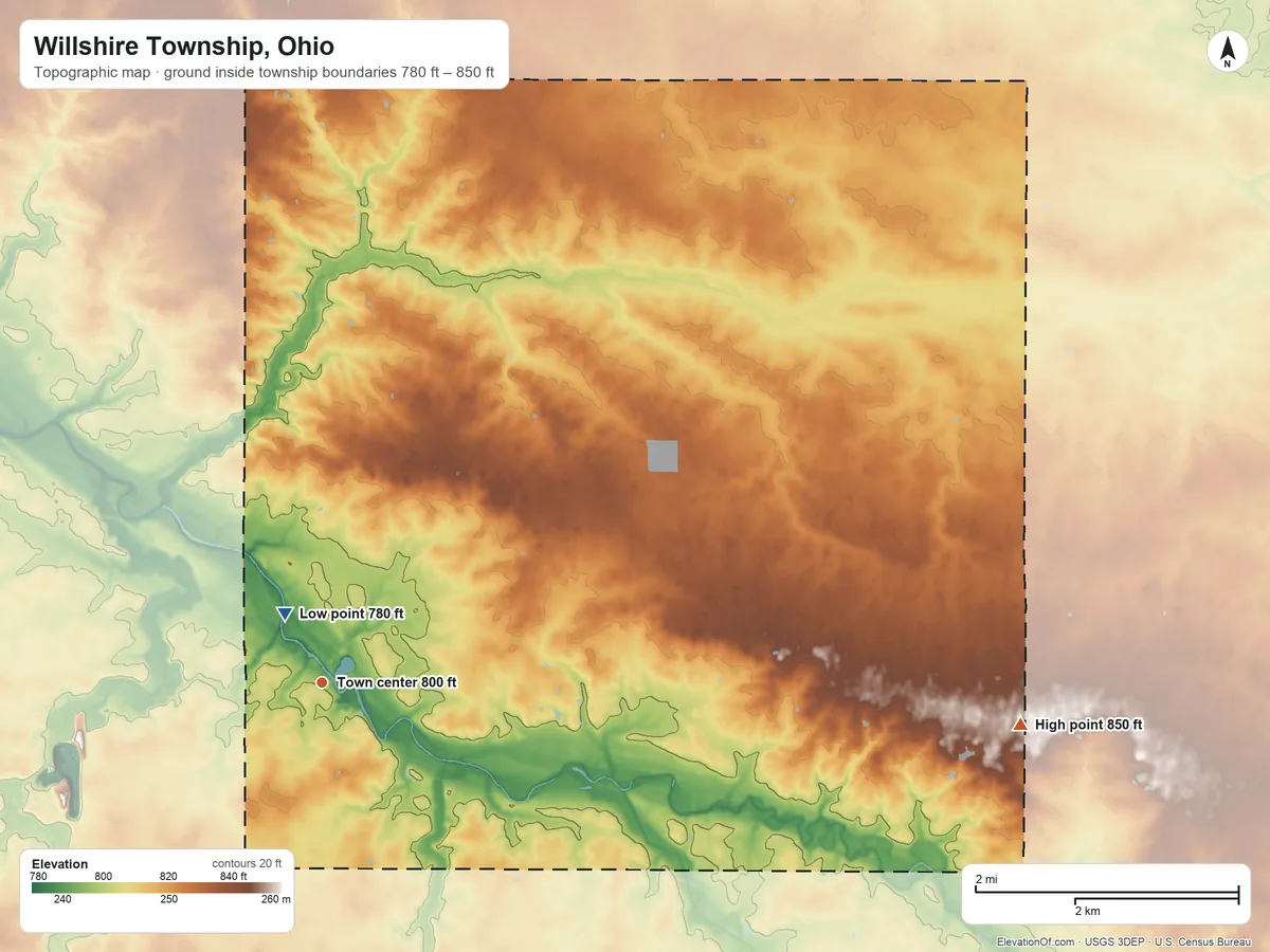 Topographic elevation map of Willshire Township, Ohio, shaded from 780 ft near the middle to 850 ft on the east side