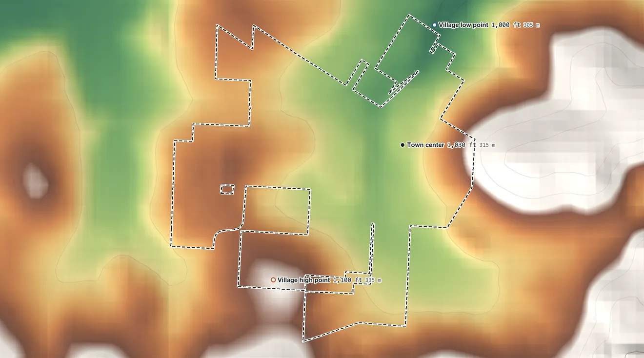 Topographic elevation map of Wilmot, Ohio, shaded from 1,000 ft on the north side to 1,100 ft on the southwest side