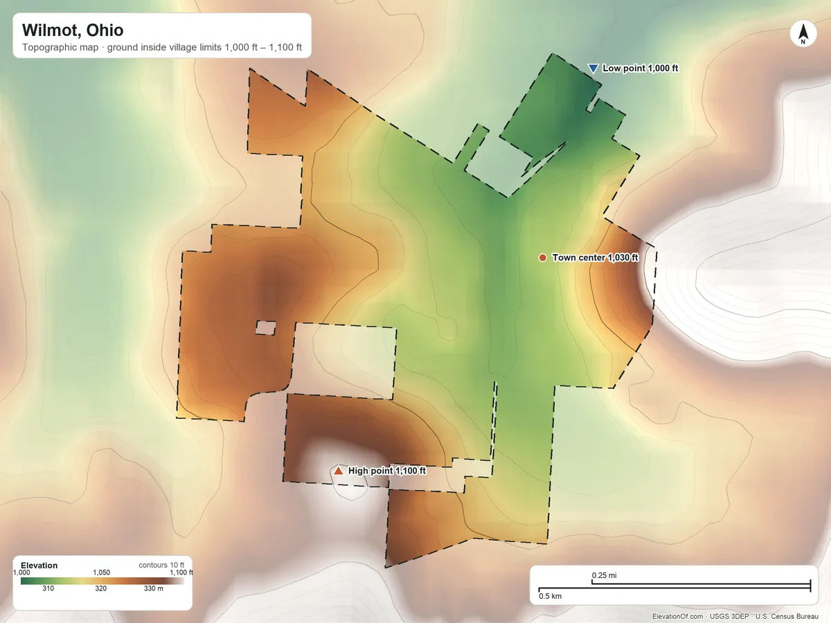 Topographic elevation map of Wilmot, Ohio, shaded from 1,000 ft on the north side to 1,100 ft on the southwest side